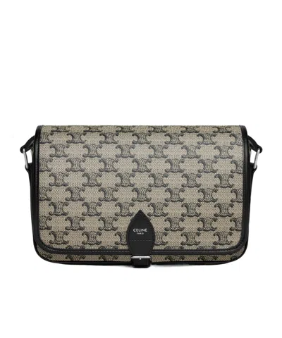Celine Folco Small Logo Printed Cowhide Leather Messenger Bag In Gray