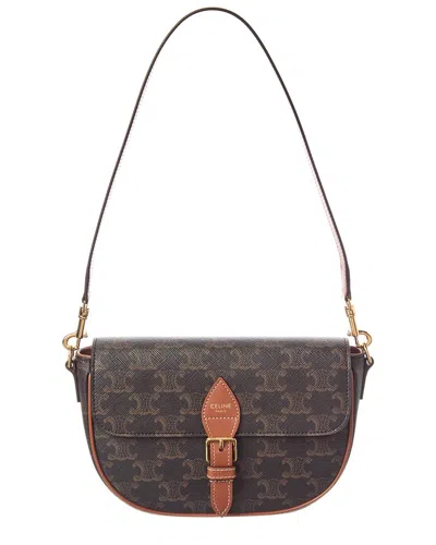 Celine Folco Triomphe Coated Canvas & Leather Shoulder Bag In Brown
