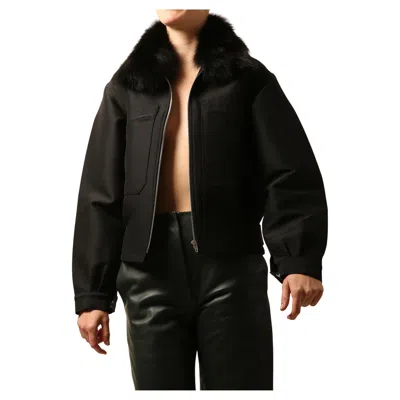 Pre-owned Celine Fox Fur Collar Black Structured Bomber Style Coat Jacket