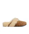 Celine Fur Slides Triomphe Cowhide Suede And Sheep-cut Toile-head Slippers In Brown