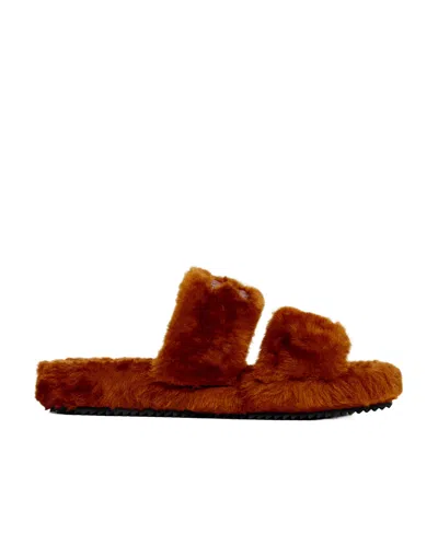 Celine Fur Slides Triomphe Open Toe Slippers In Red