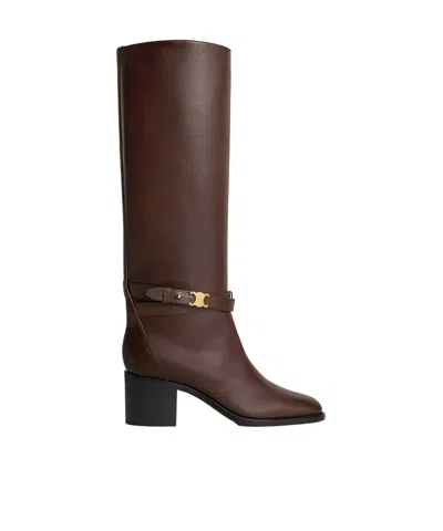 Celine Garance Triomphe Strap High Boot In Calfskin In Brown