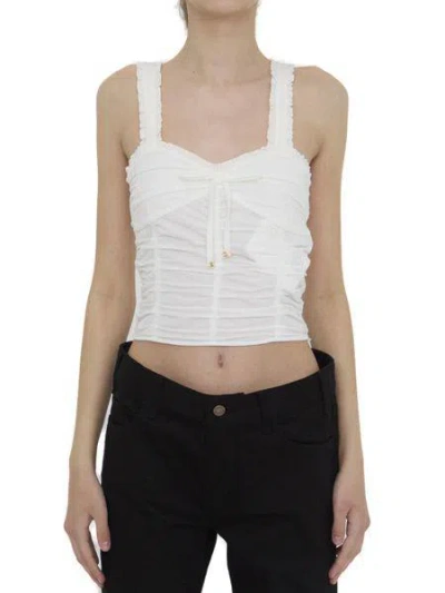 Celine Gathered Ruffled Crop Top In Off-white For Women