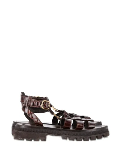Pre-owned Celine Gladiator Crocodile-embossed Sandals In Brown