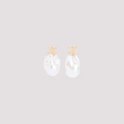 Celine Golden Signature Pearl Drop Earrings In Metallic