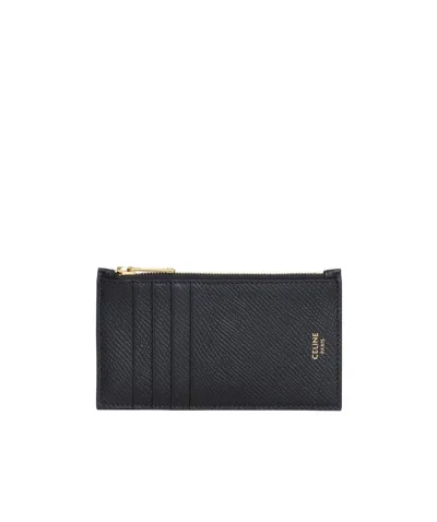 Celine Grain Noodle Calfskin Zipper Compact Card Bag In Black