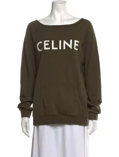 Pre-owned Celine Graphic Print Off-the-shoulder Sweatshirt In Green