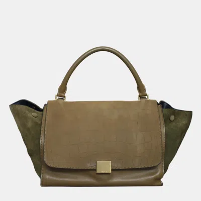Pre-owned Celine Green Crocodile Embossed Nubuck Medium Trapeze Bag