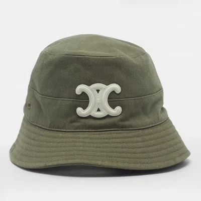 Pre-owned Celine Green Gabardine Logo Embroidered Triomphe Bucket Hat M