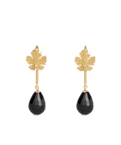 Celine Green Thumb Leaf Earring In Onyx And Brass With Gold Finish