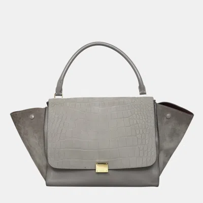 Pre-owned Celine Grey Crocodile Stamped Nubuck Large Trapeze Bag In Green