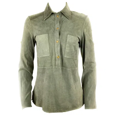 Pre-owned Celine Grey Green Olive Suede Button-down Shirt Top Size 38