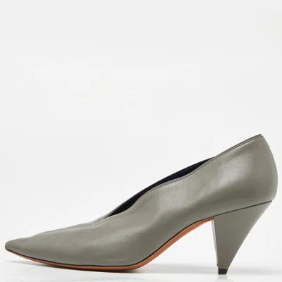 Pre-owned Celine Grey Leather V Neck Pointed Toe Pumps Size 38.5
