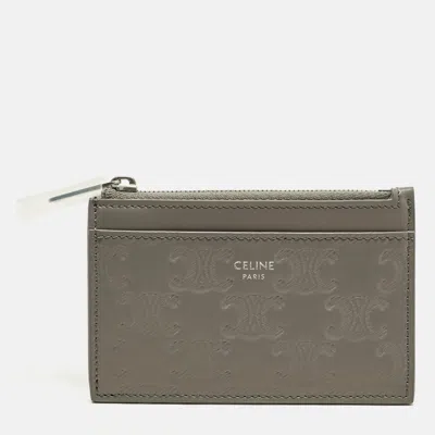 Pre-owned Celine Grey Triomphe Embossed Leather Zip Card Holder In Gray