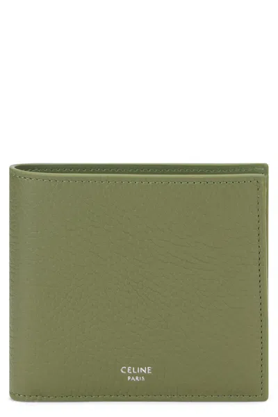 Celine Hammered Calf Skin Wallet In Green