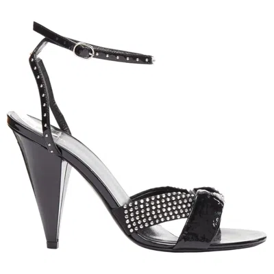 Pre-owned Celine Hedi Slimane Black Patent Leather Silver Crystals Sandal Heels Eu38