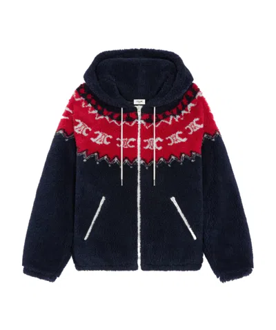 Celine Hooded Jacket In Triomphe Fair Isle Fleece In Blue