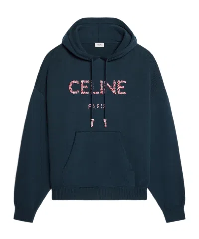 Celine Hooded Sweater In Ribbed Cotton In Blue