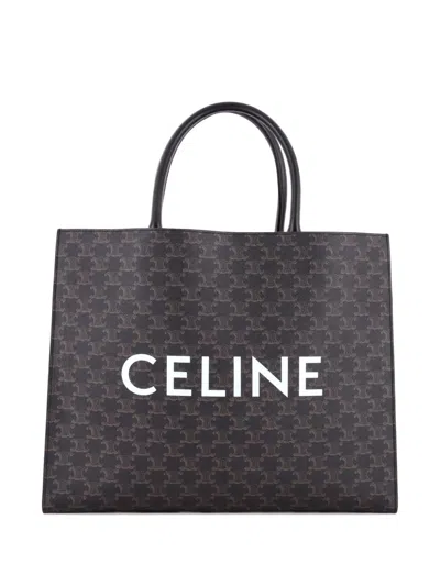 Pre-owned Celine Horizontal Logo Cabas Triomphe Coated Canvas Tote Bag In Brown