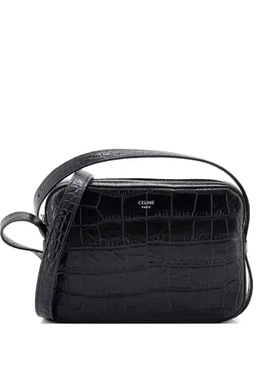 Pre-owned Celine Horizontal Phone Pouch Crocodile Embossed Leather Mini Shoulder Bag In Black