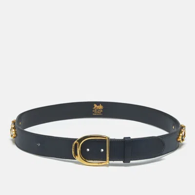 Pre-owned Celine Horsebit 95 Cm Buckle Belt Navy Blue Leather