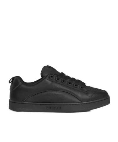 Celine Huntington Low Lace-up Sneaker In Tumbled Leather And Mesh In Black