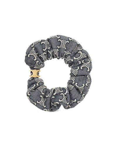 Celine Jacquard Triomphe Scrunchy In Cotton, Polyester, Polyamide And Brass With Gold Finish In Brown