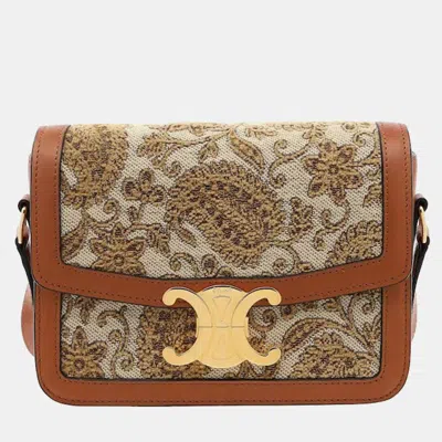 Pre-owned Celine Jacquard Triomphe Shoulder Bag Small Tan In Brown
