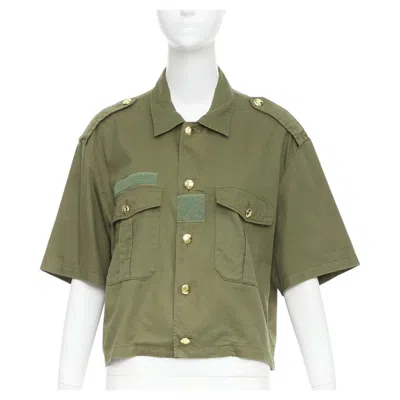 Pre-owned Celine Khaki Green Cotton Gold Triomphe Button Military Cropped Shirt Fr36 S