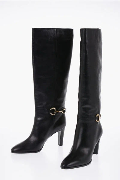 Celine Knee-high Leather Boots With Metal Clamp In Black
