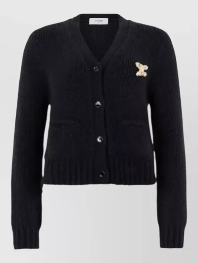 Celine Knit Top Embroidered Detail Long Sleeves V Neck In Black