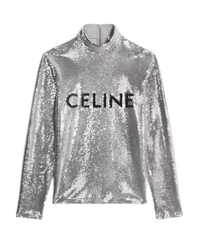Celine Knitted Embroidered High-necked Pullover In Gray
