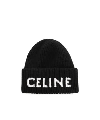 Celine Knitted Hat Embroidered With A Logo In Black