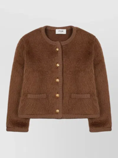 Celine Knitwear Long Sleeves Textured Front Pockets In Brown