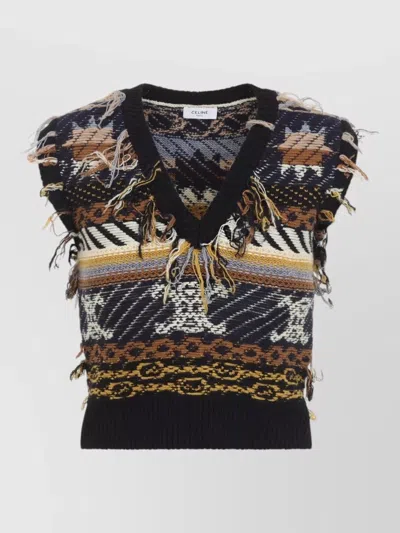 Celine Knitwear V Neck Sleeveless Fringe Ribbed Hem In Brown