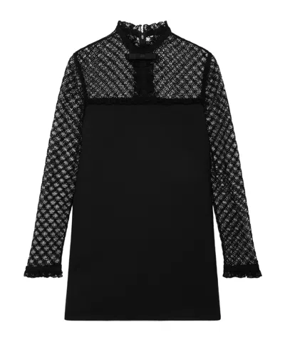 Celine Lace Mini Dress In Diagonal Wool In Black