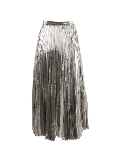 Pre-owned Celine Lamé Plissé Midi Skirt In Silver