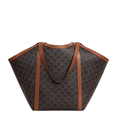 Celine Large Cabas In Triomphe Canvas And Calfskin In Tan