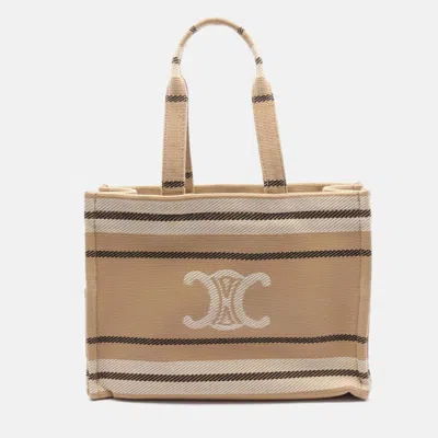 Pre-owned Celine Large Cabas Thais Tote Bag Canvas Beige Ivory Black In Sand