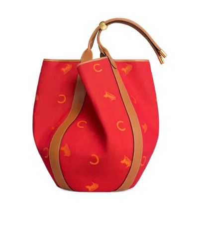 Celine Large Drop Bucket Bag In Jacquard C Sulky Textile In Red
