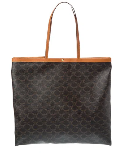 Celine Large Flat Triomphe Canvas & Leather Shopper Tote In Brown