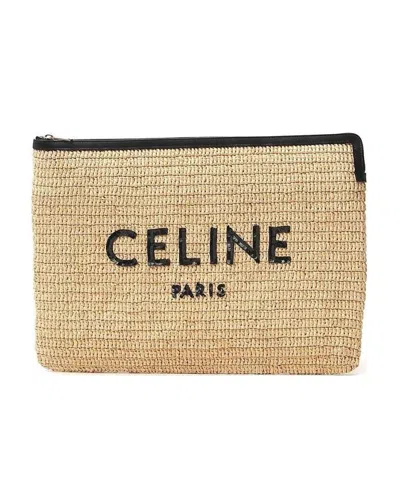 Celine Large Pouch In Raffia And Natural Calfskin