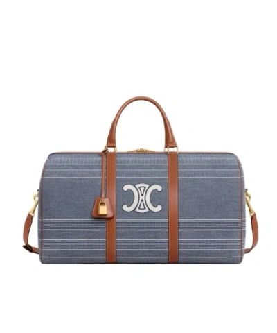 Celine Large Travel Bag In Jacquard Textile And Calfskin In Blue/beige