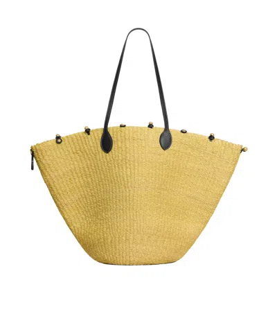 Celine Large Triomphe Beads Basket In Sisal And Calfskin In Neutral