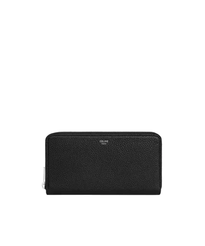 Celine Large Zipped Wallet In Grained Calfskin In Black