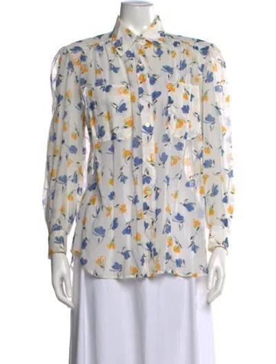 Pre-owned Celine Late 1980's - Early 1990's Floral Print Blouse In White