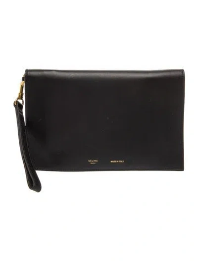 Pre-owned Celine Leather Accordion Flap Clutch In Black