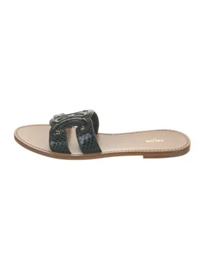 Pre-owned Celine Leather Animal Print Slides In White