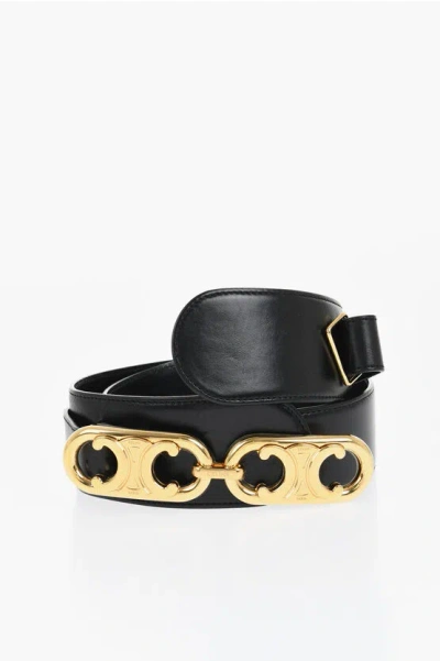 Celine Leather Belt With Gold Finish Monogram Buckle 45mm In Black