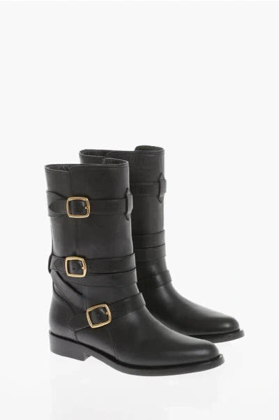 Celine Leather Biker Boots With Triple Buckle Desing In Black
